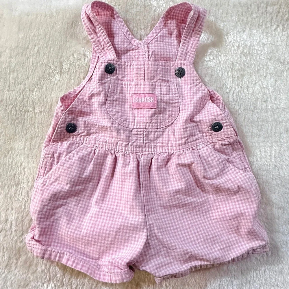 Vintage OshKosh Bgosh Baby Girls Pink Gingham Cotton Shortalls Overalls 3-6 M